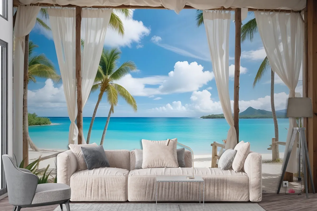 3D Look Blue Sea Landscape With Old Arches And Palm Trees Wallpaper Mural