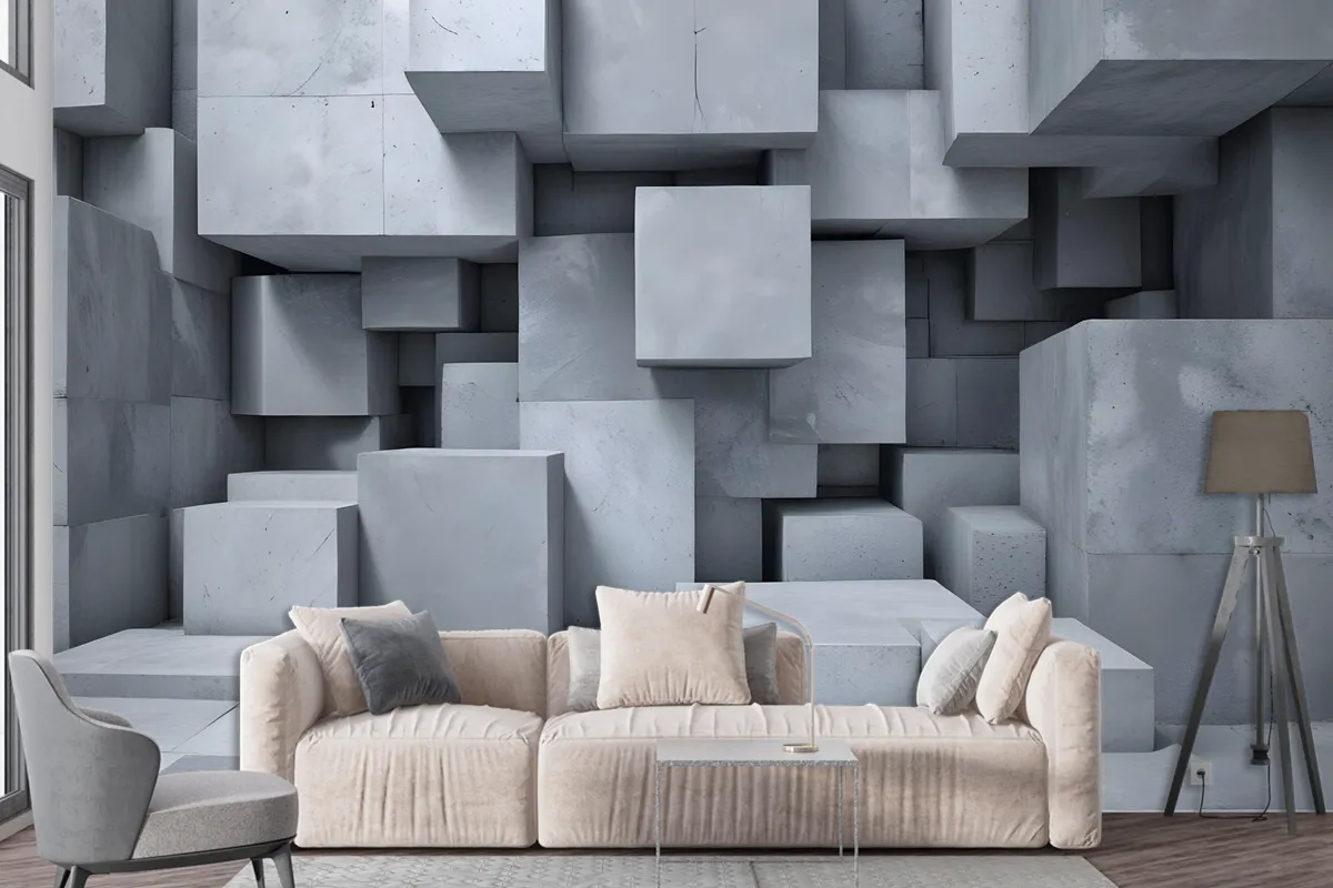 3D Look Concrete Style Gray Abstract Cubes Wallpaper Mural