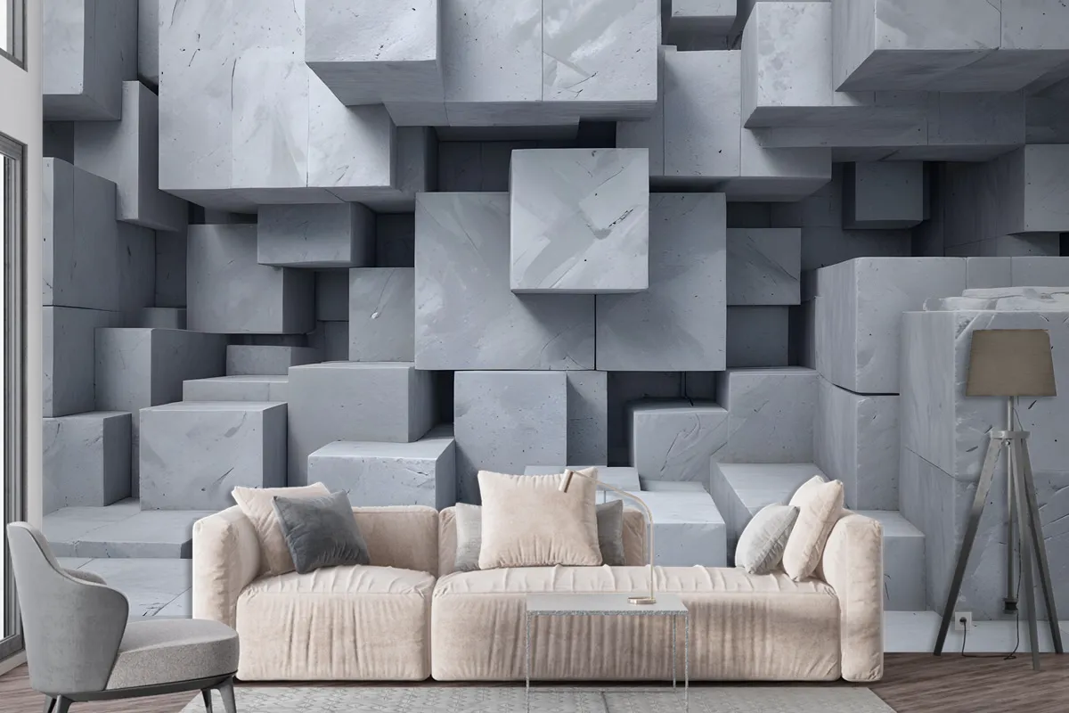 3D Look Concrete Style Gray Abstract Cubes Wallpaper Mural