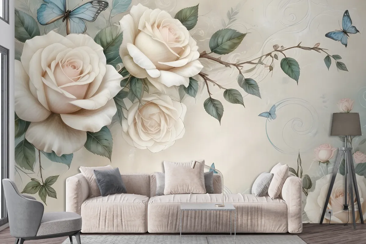 3D Look Cream Rose Floral Wallpaper Mural