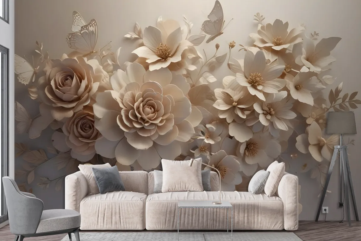 3D Look Faux Embossed Floral Wallpaper Mural