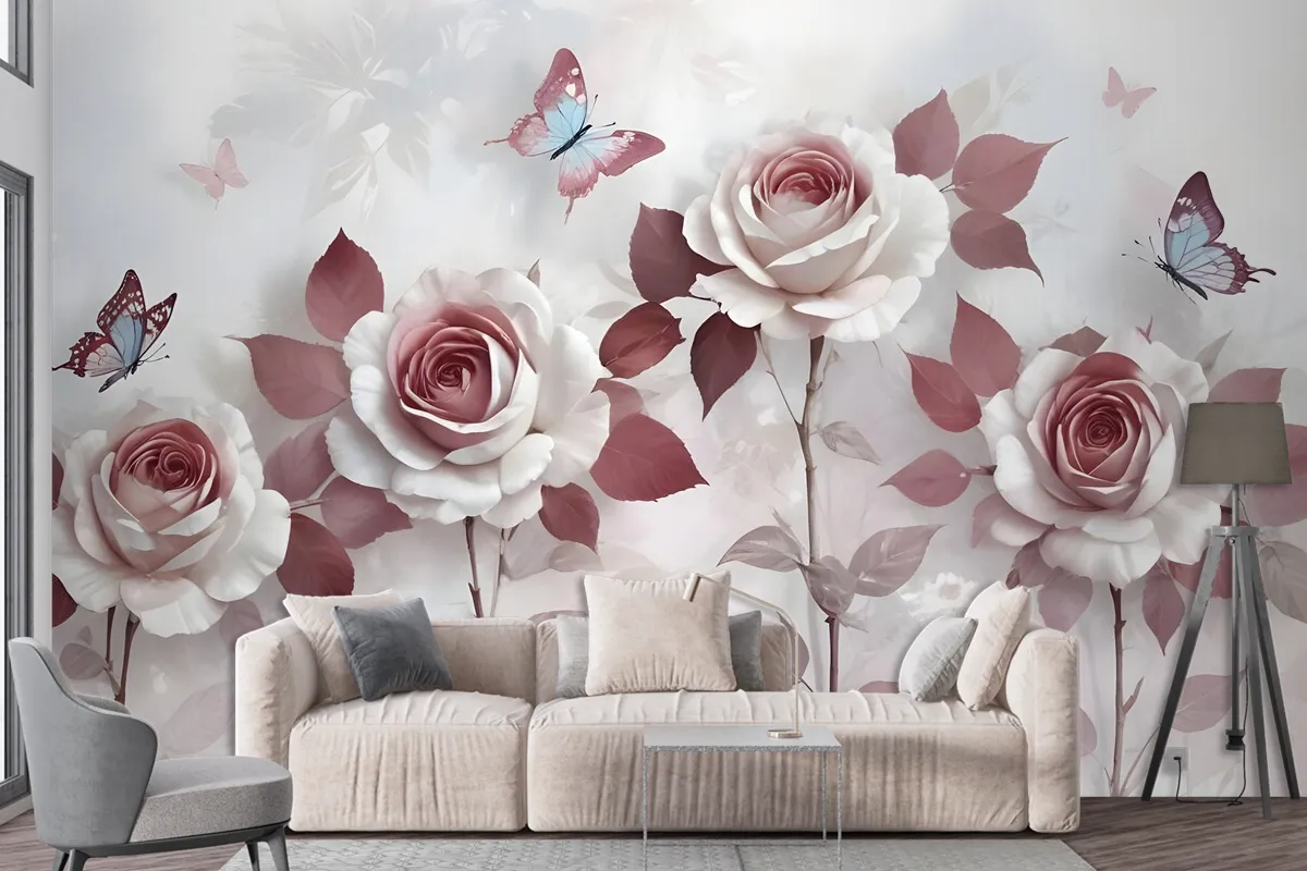 3D Look Floral With Little Butterfly Wallpaper Mural