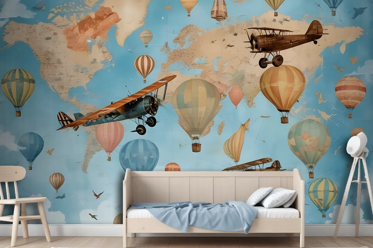 3D Look Kids World Map With Hot Air Balloon Wallpaper Mural