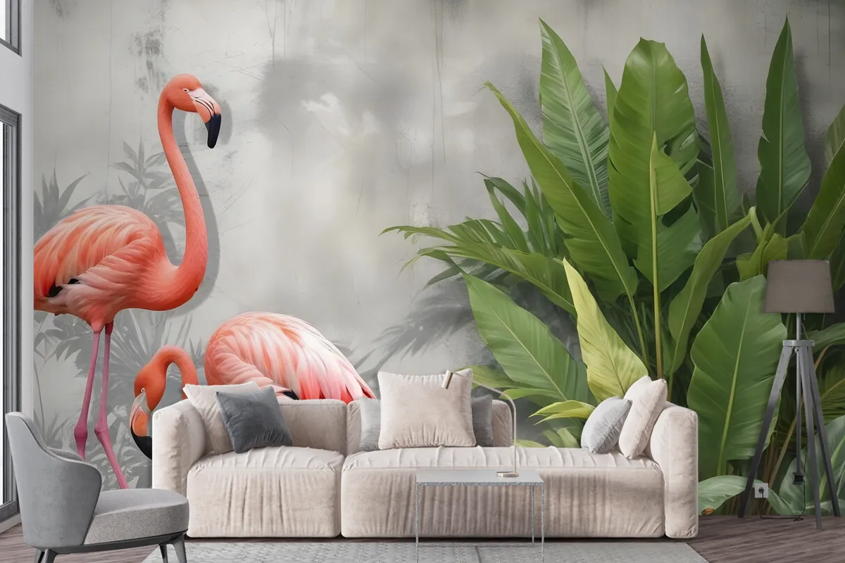 3D Look Pink Flamingo With Tropical Leaves Wallpaper Mural