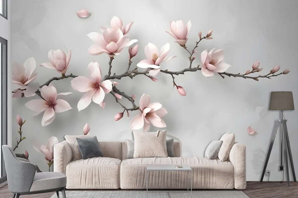 3D Look Pink Magnolia Blossom Wallpaper Mural