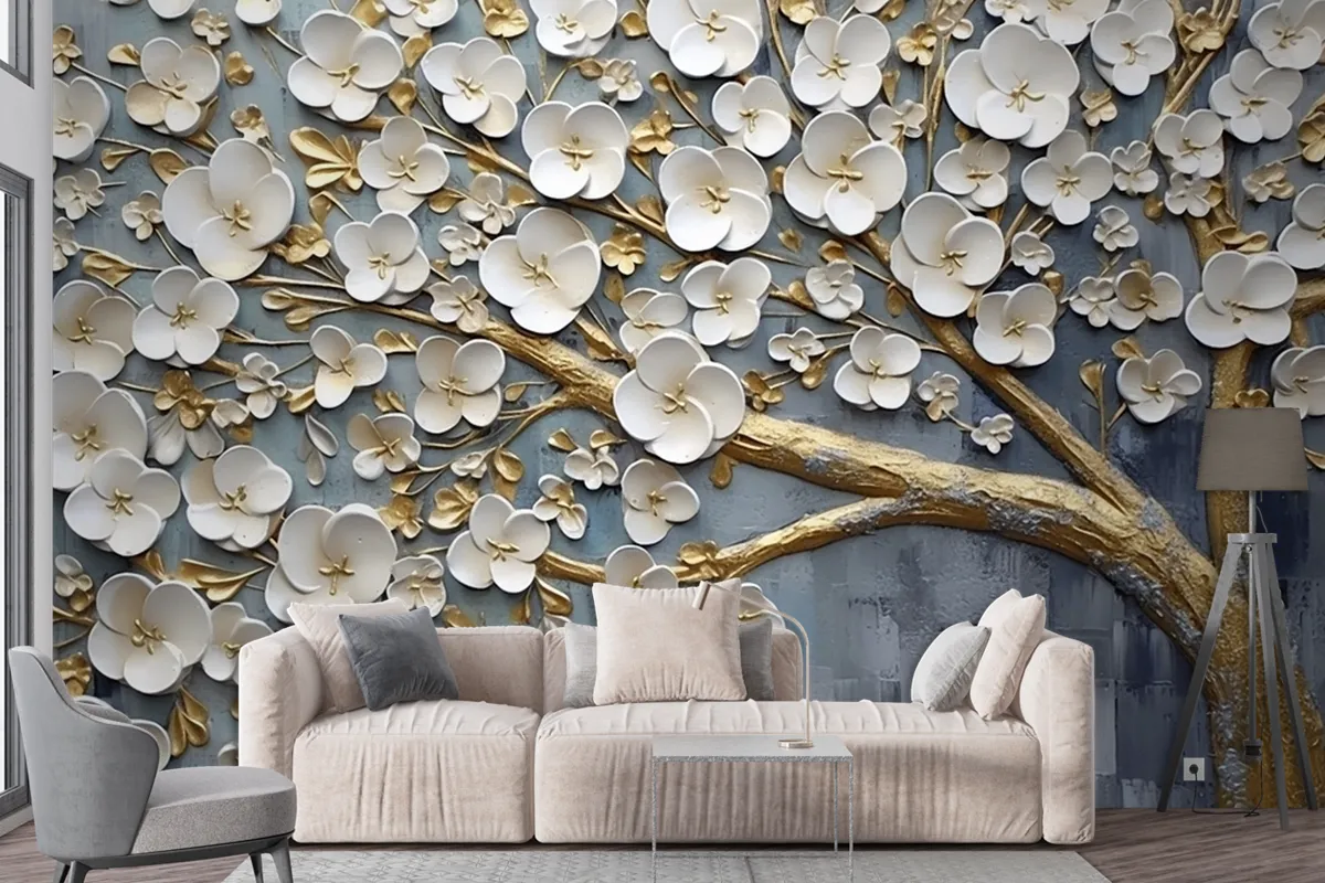 Abstract Artistic Background Flowers Branches Gold And Canvas Painting Wallpaper Mural