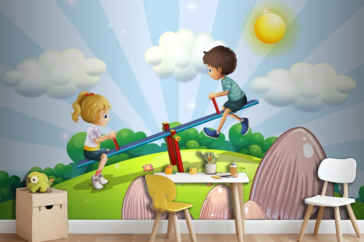 A Boy And A Girl Riding A Seesaw Wallpaper Mural