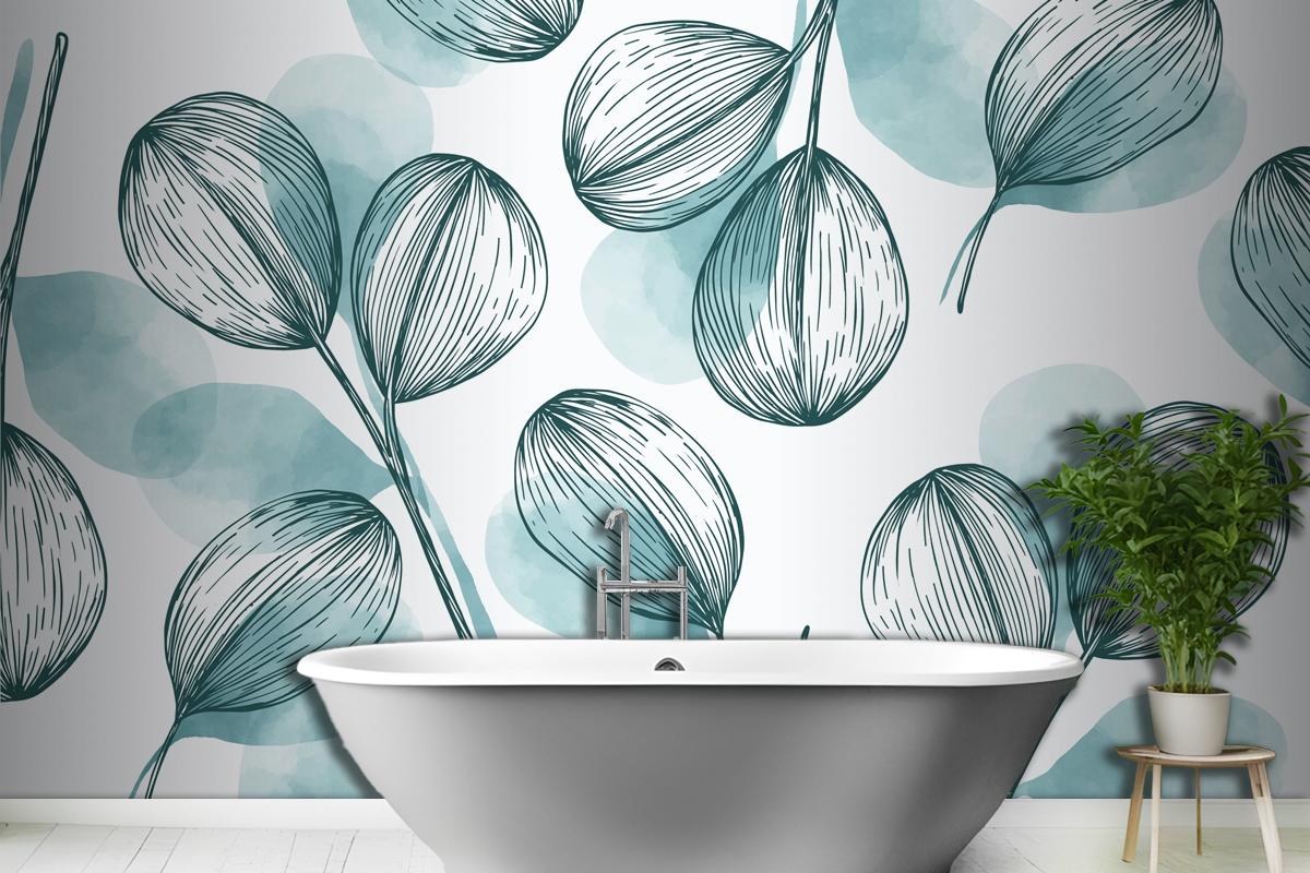 Nature Background With Hand Drawn Leaves Wallpaper Mural