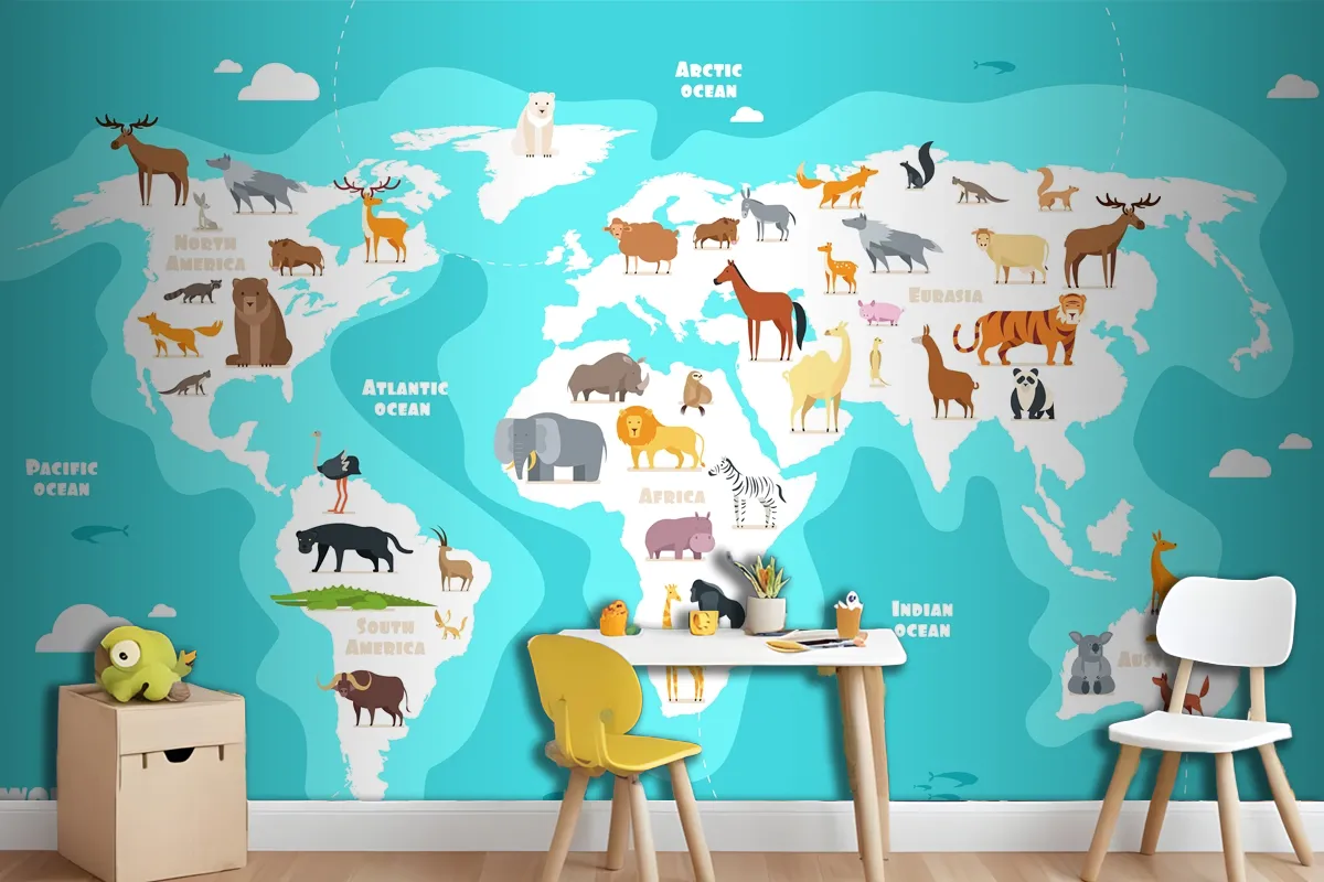 World Map With Animals Earth Discovery Funny Kids Geography Wallpaper Mural