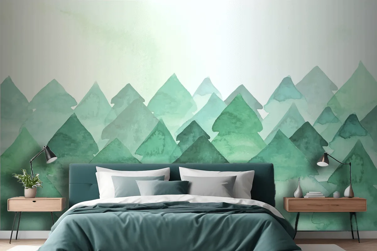 Watercolor Painting With Fir Trees Wallpaper Mural