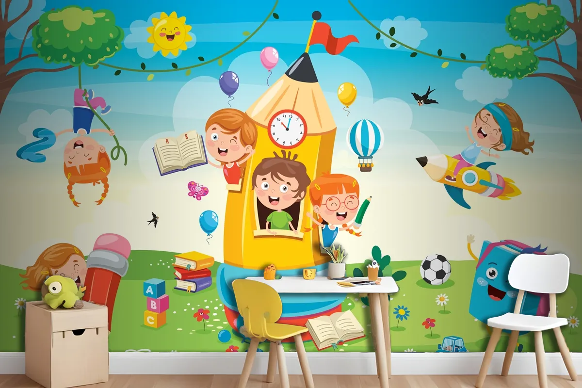 Cute Children Playing At Pencil House Wallpaper Mural