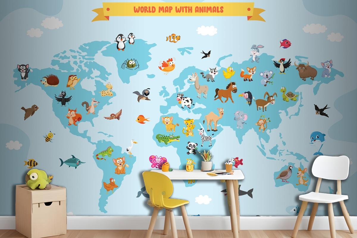 World Map With Cartoon Animals Wallpaper Mural