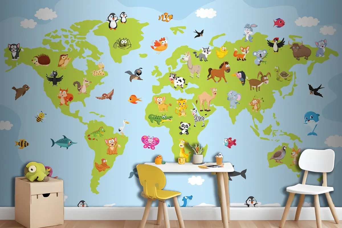 World Map With Cartoon Animals Wallpaper Mural