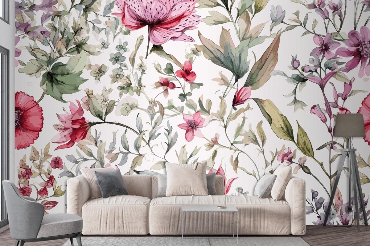 Colourful Floral Background With Leaves Wallpaper Mural