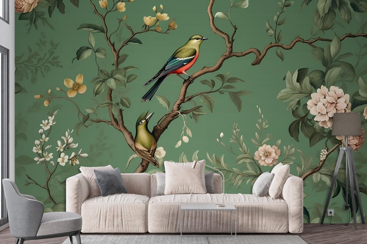 Flowers Branches Birds Golden Brushstrokes Wallpaper Mural