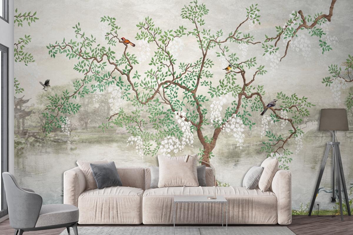 Tree By The Lake Misty Landscape Birds In Japanese Garden Wallpaper Mural