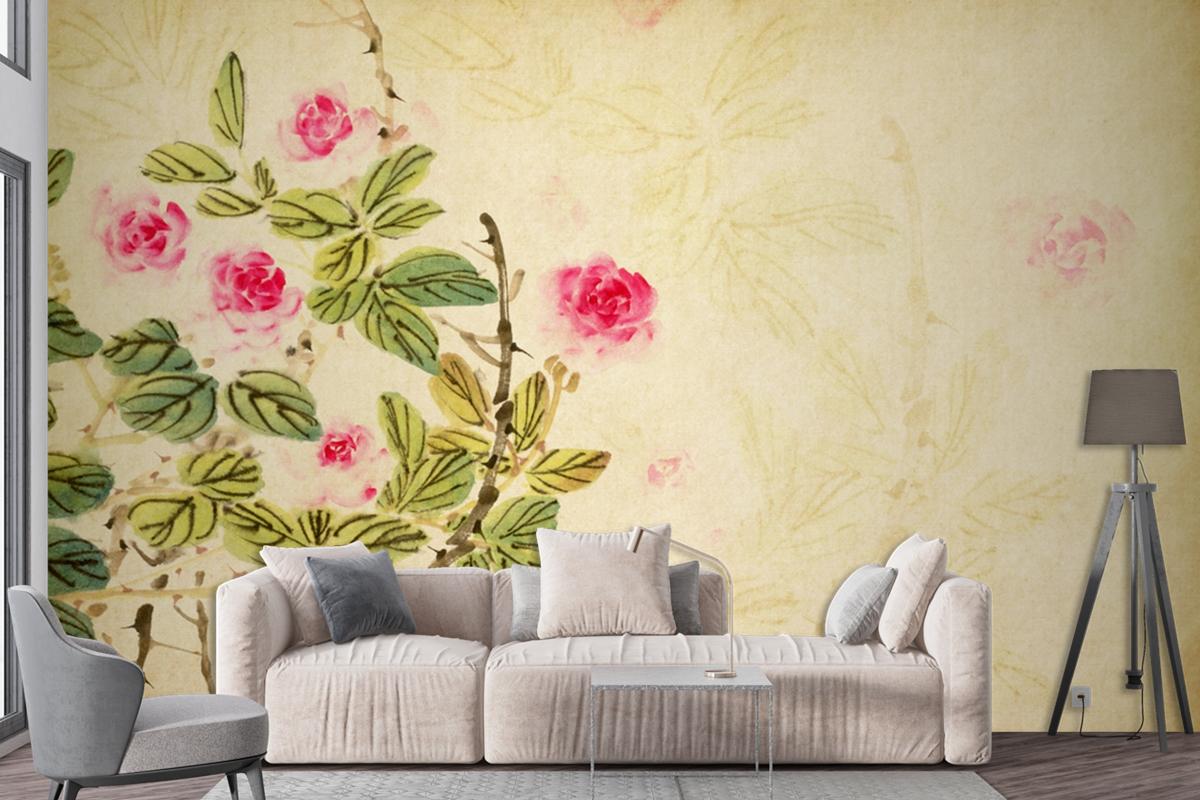 Chinese Traditional Painting Of Rose Flower On Old Paper Wallpaper Mural