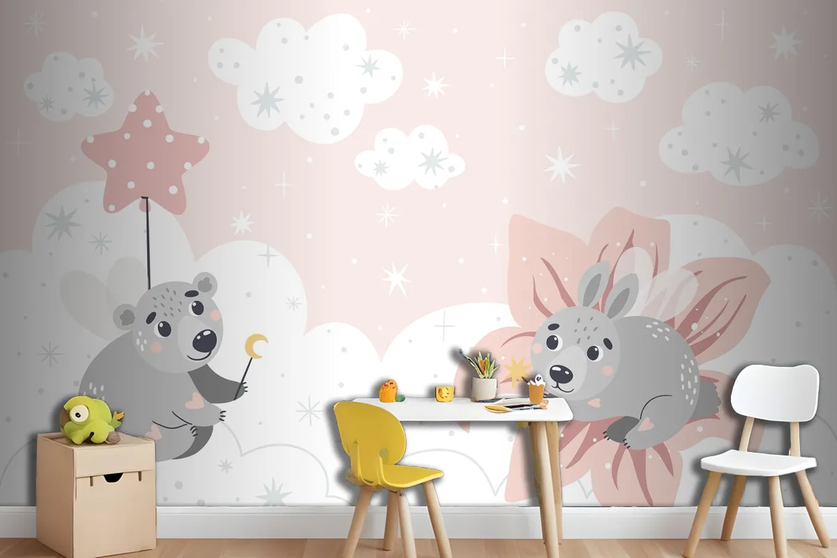 Cute Fairytale Animals On The Clouds Suitable For Printing Wallpaper Mural