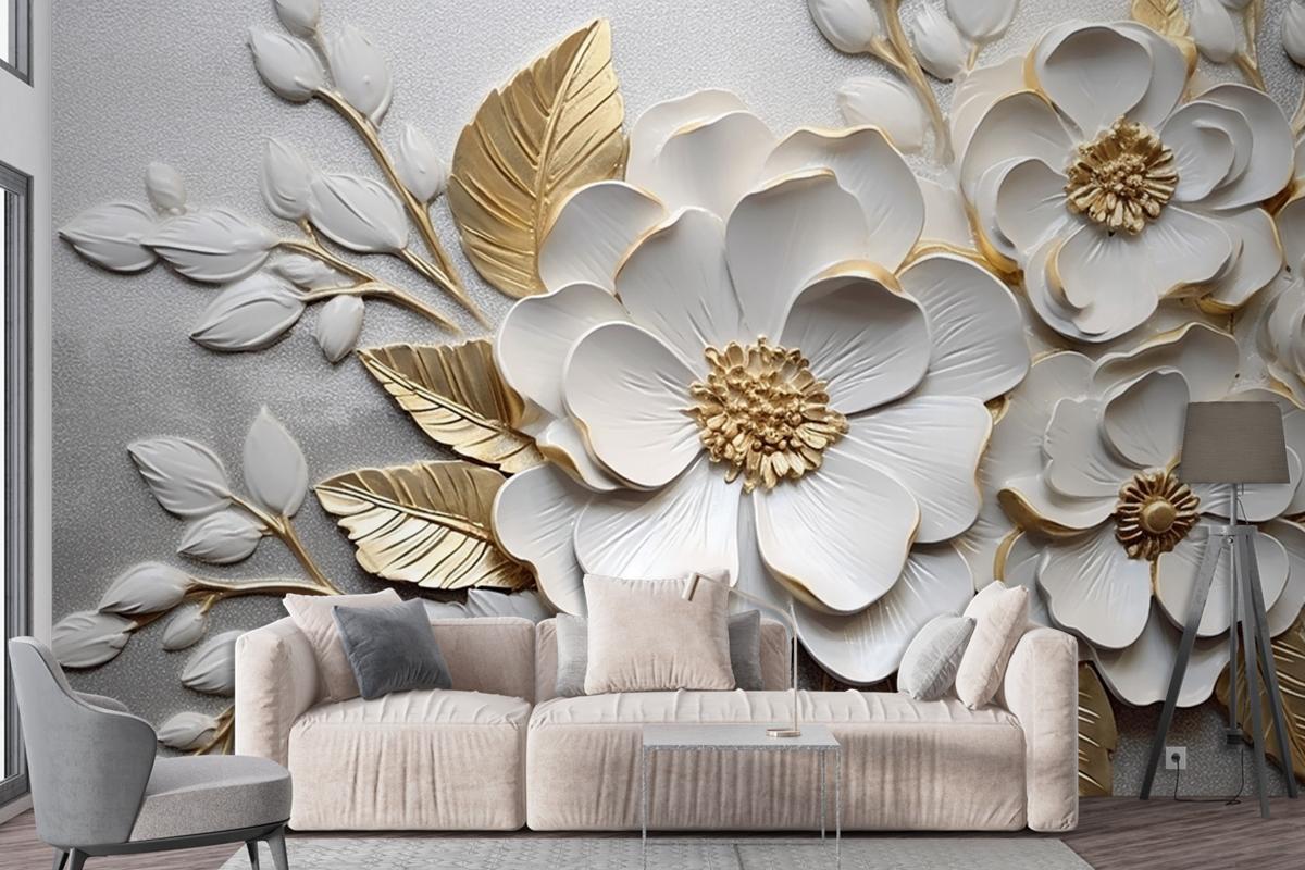 Abstract Artistic Flowers Branches Gold And Canvas Painting Wallpaper Mural