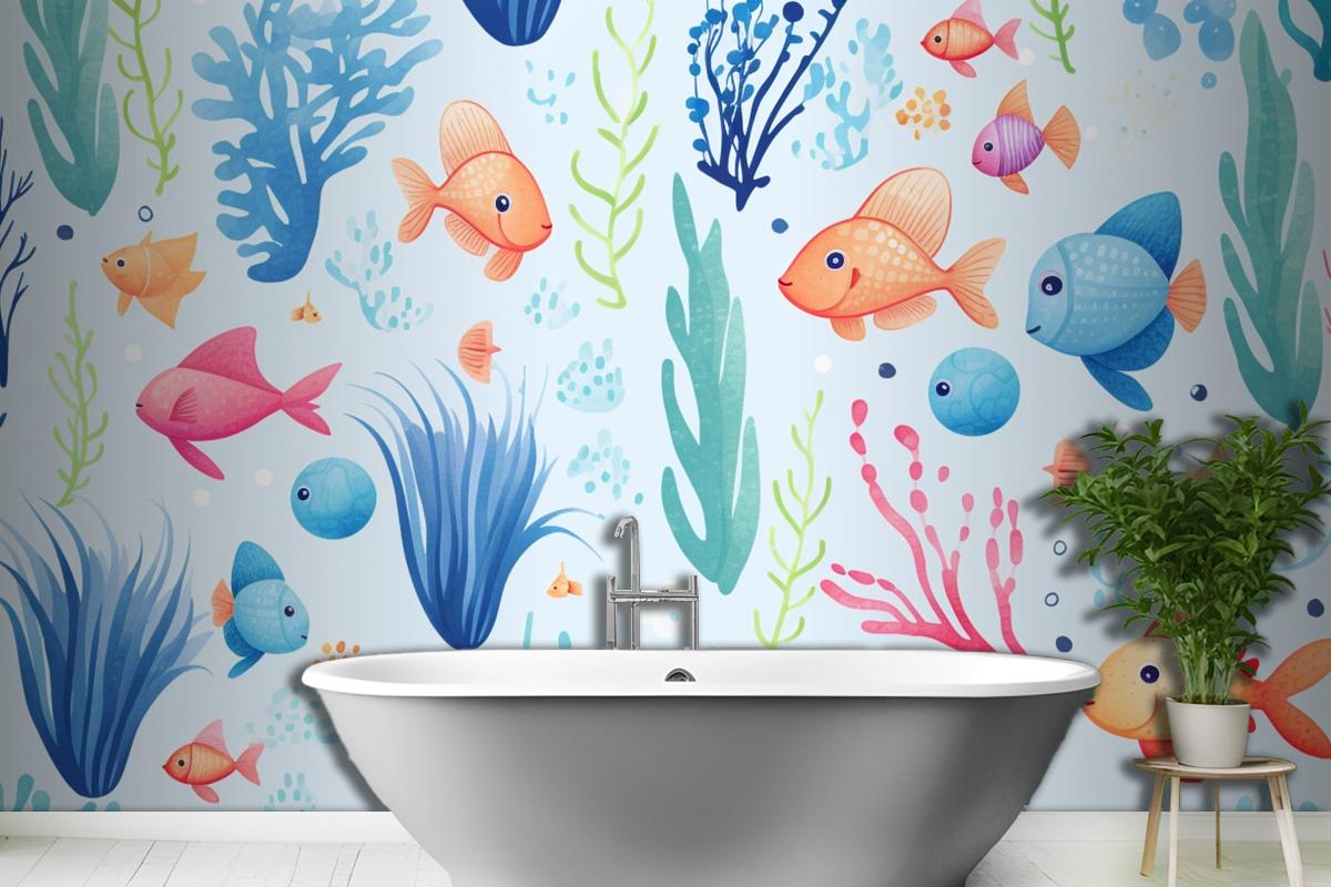 A Colorful Underwater Scene With Fish And Corals Wallpaper Mural