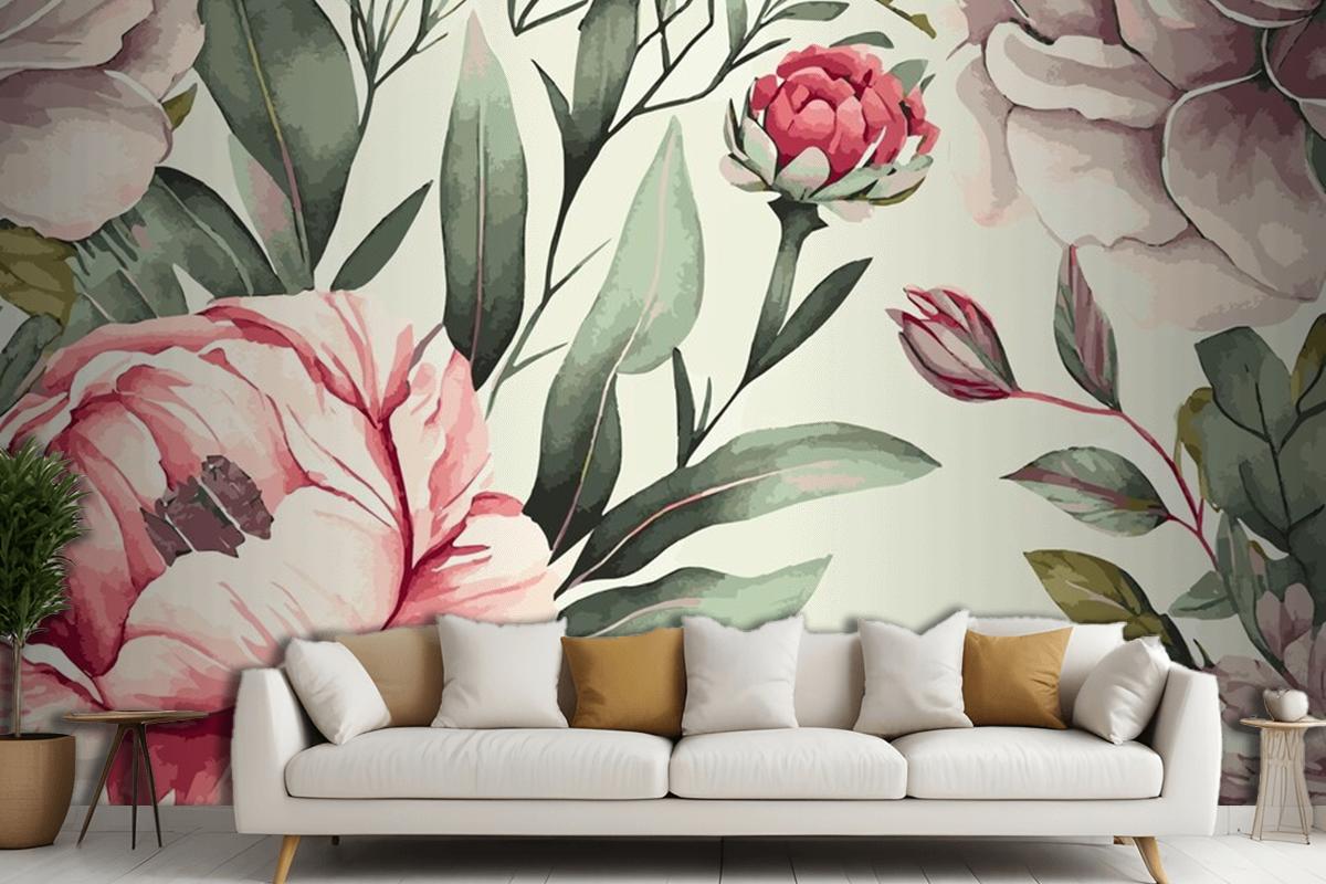 Abstract Floral Art Background Template Botanical Watercolor Hand Drawn Flowers Wallpaper Mural