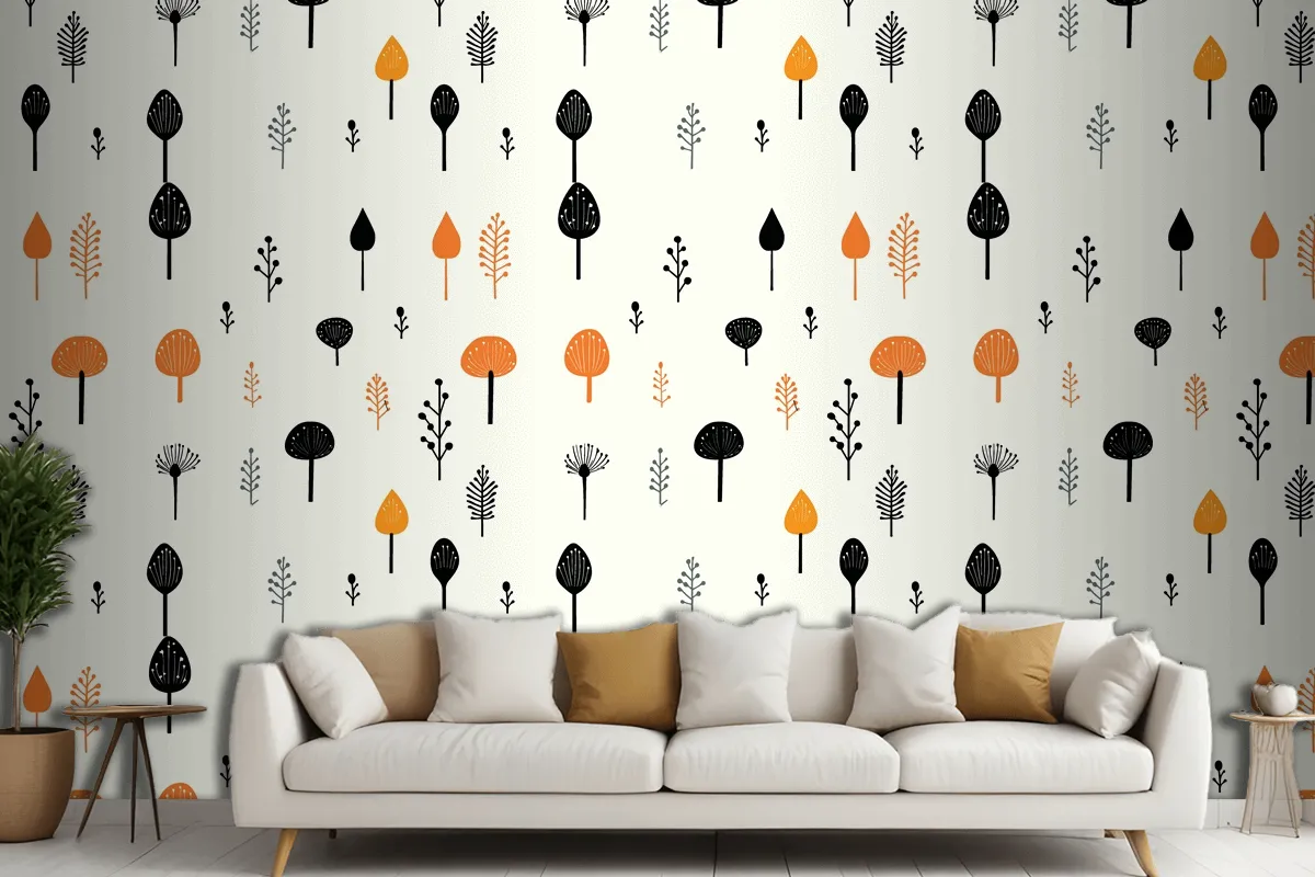 Black Mushroom And Leaf Pattern On A White Living Room Wallpaper Mural