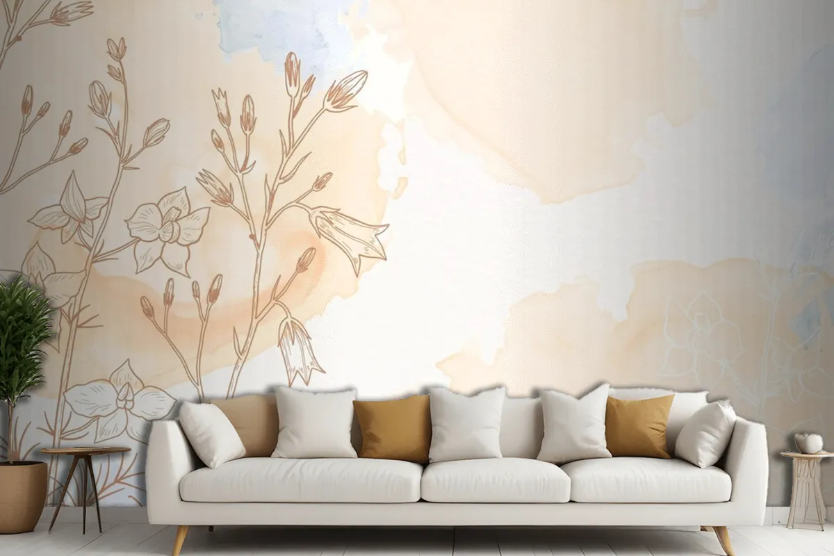 Cream Powder Pastel With Hand Drawn Flowers Living Room Wallpaper Mural