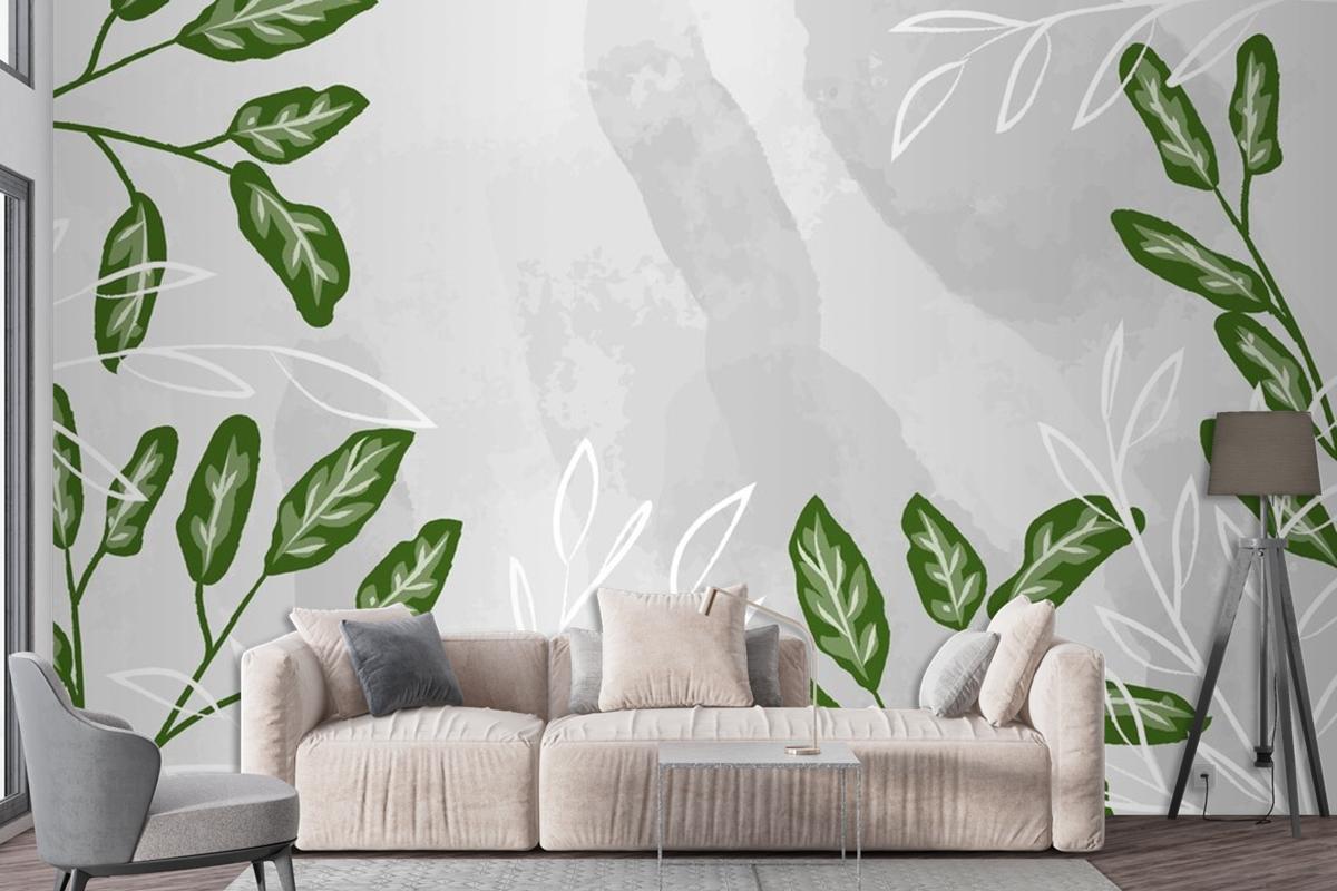 Detailed Leaves With Watercolor Living Room Wallpaper Mural