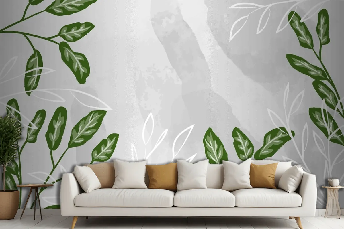 Detailed Leaves With Watercolor Living Room Wallpaper Mural