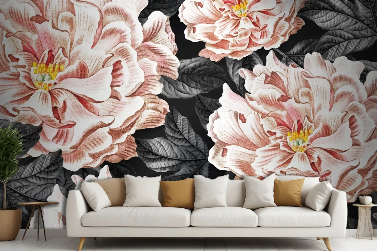 Floral Blooming Peony Living Room Wallpaper Mural