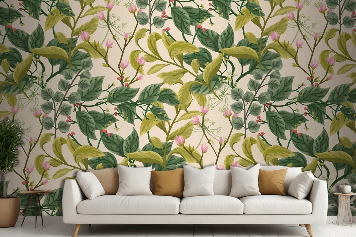 Flower And Leaves Background Living Room Wallpaper Mural