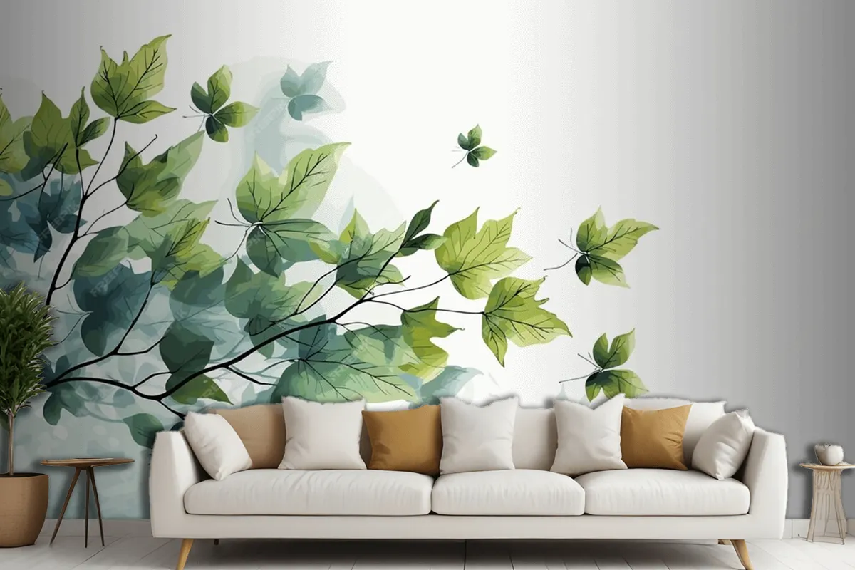 Fresh Baby Spinach Leaves On White Marble Living Room Wallpaper Mural