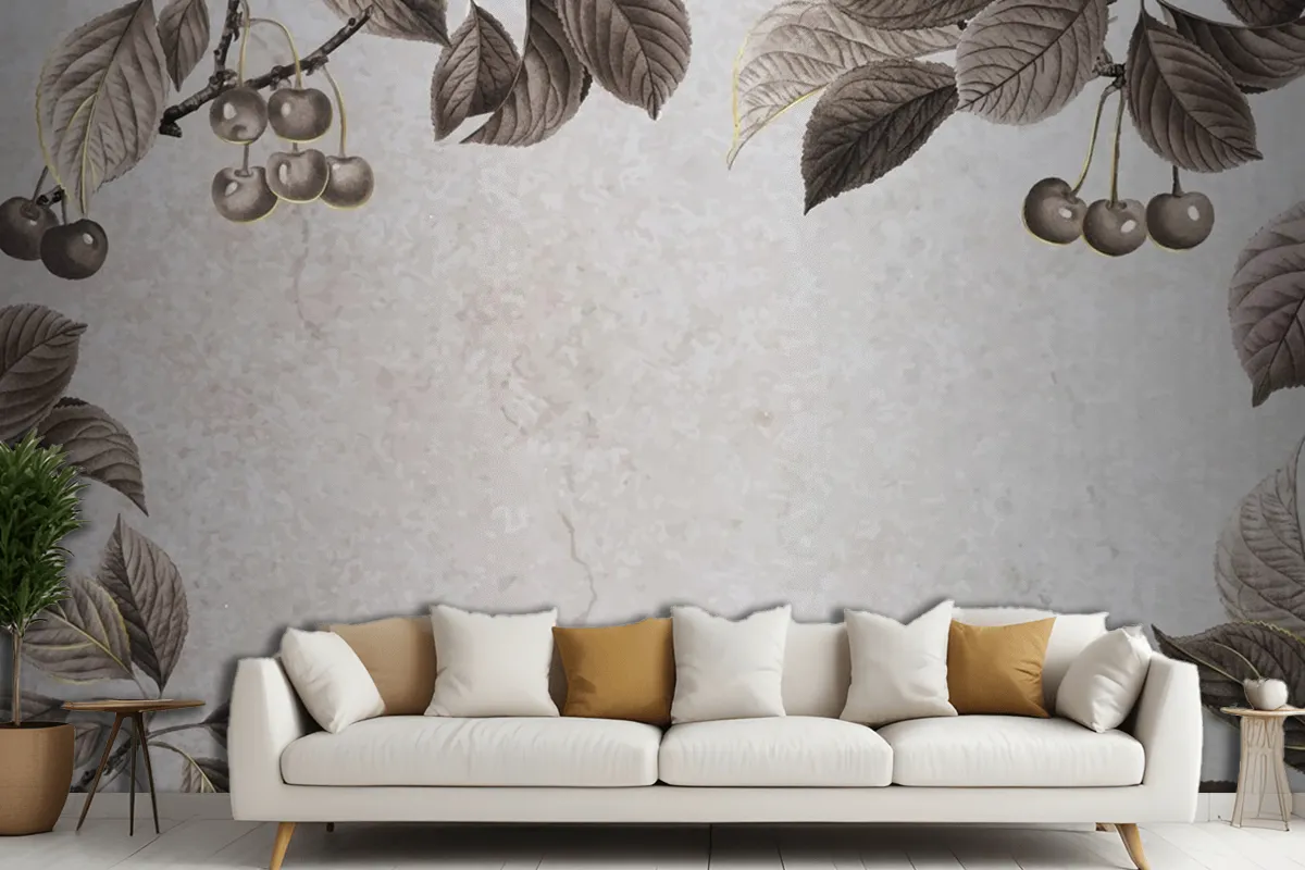 Hand Drawn Cherry Patterned Frame Living Room Wallpaper Mural