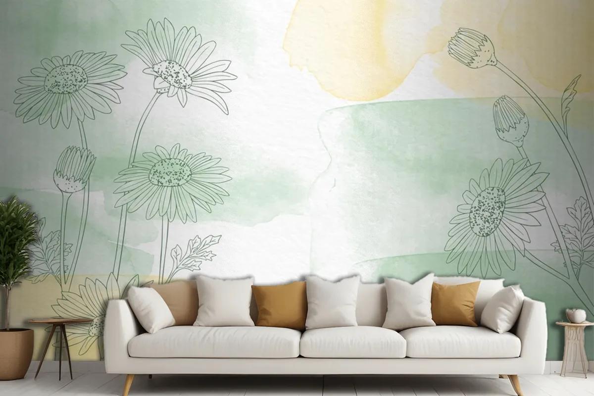 Hand Painted Background With Drawn Flowers Living Room Wallpaper Mural