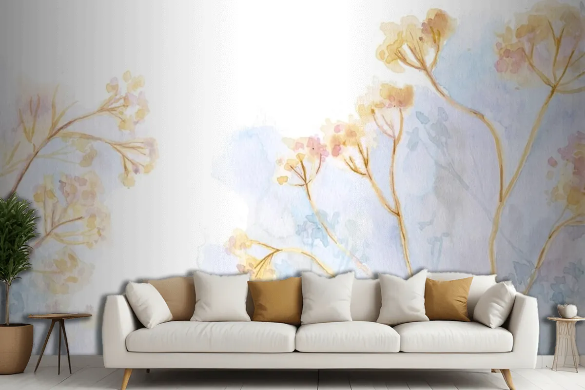 Hand Painted Watercolor Nature Living Room Wallpaper Mural