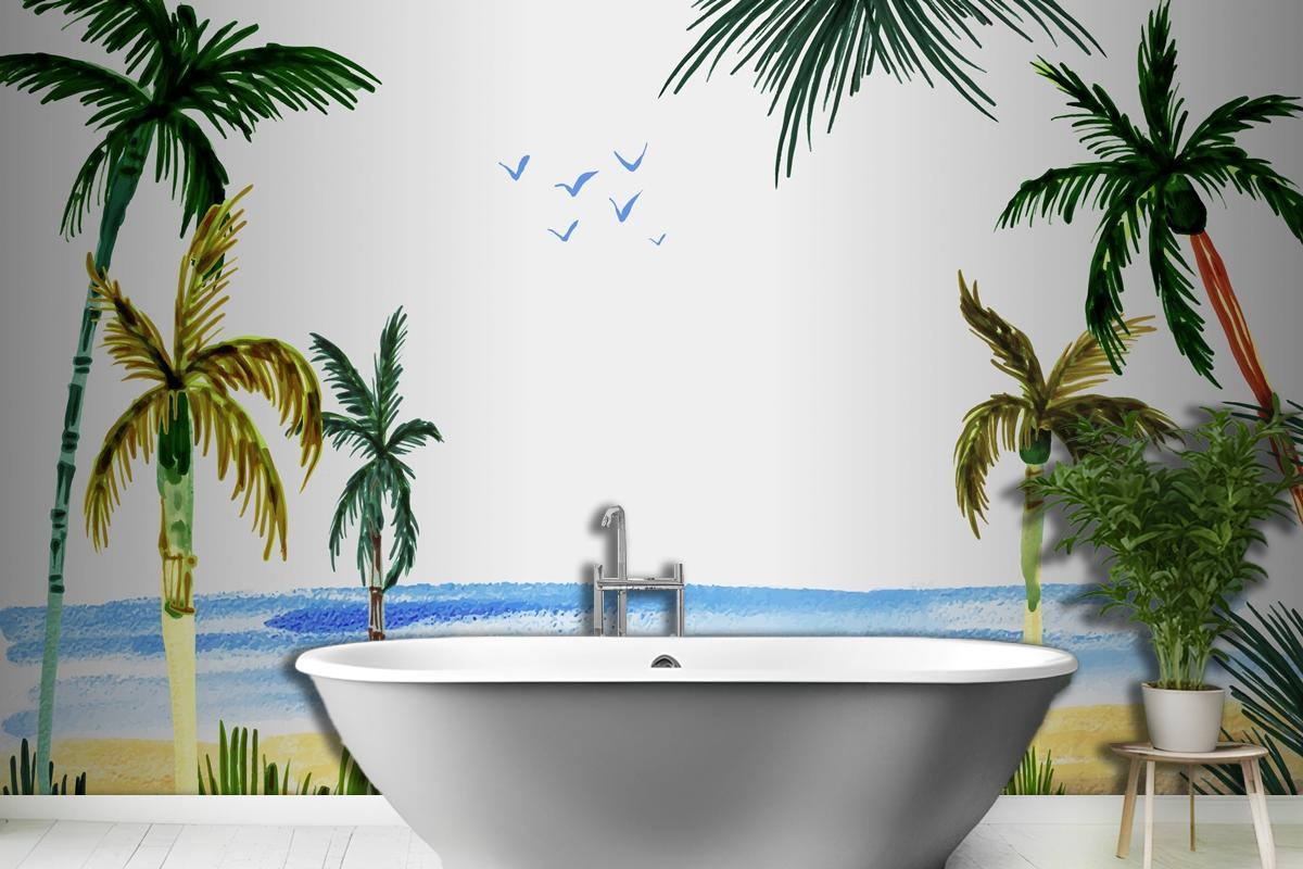 Hand Painted Watercolor Summer Bathroom Wallpaper Mural