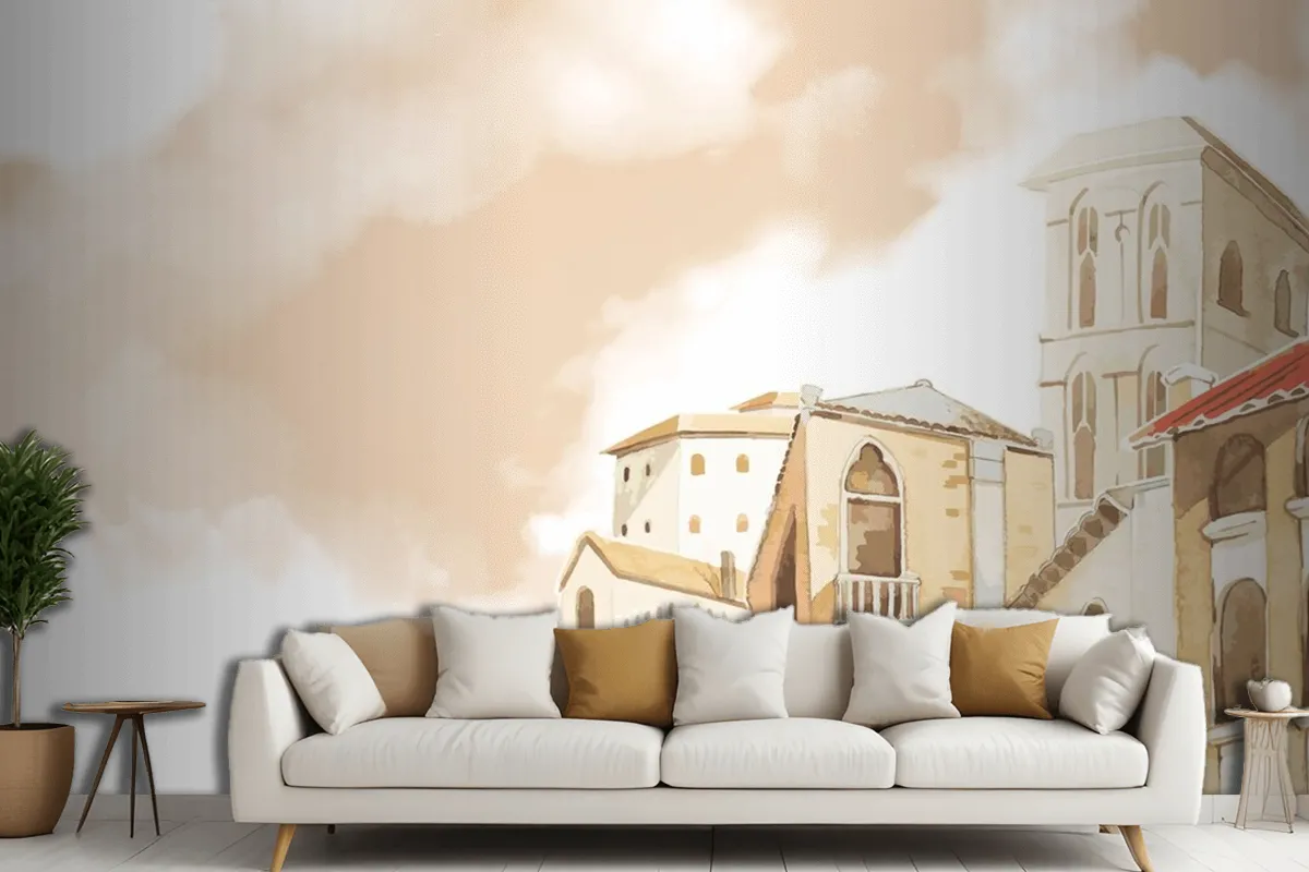 Mediterranean City Building Exterior Water Color Style Living Room Wallpaper Mural