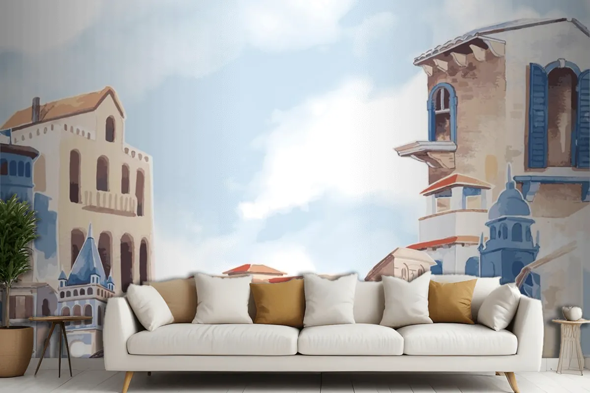 Mediterranean City Building Exterior Water Color Style Wallpaper Mural