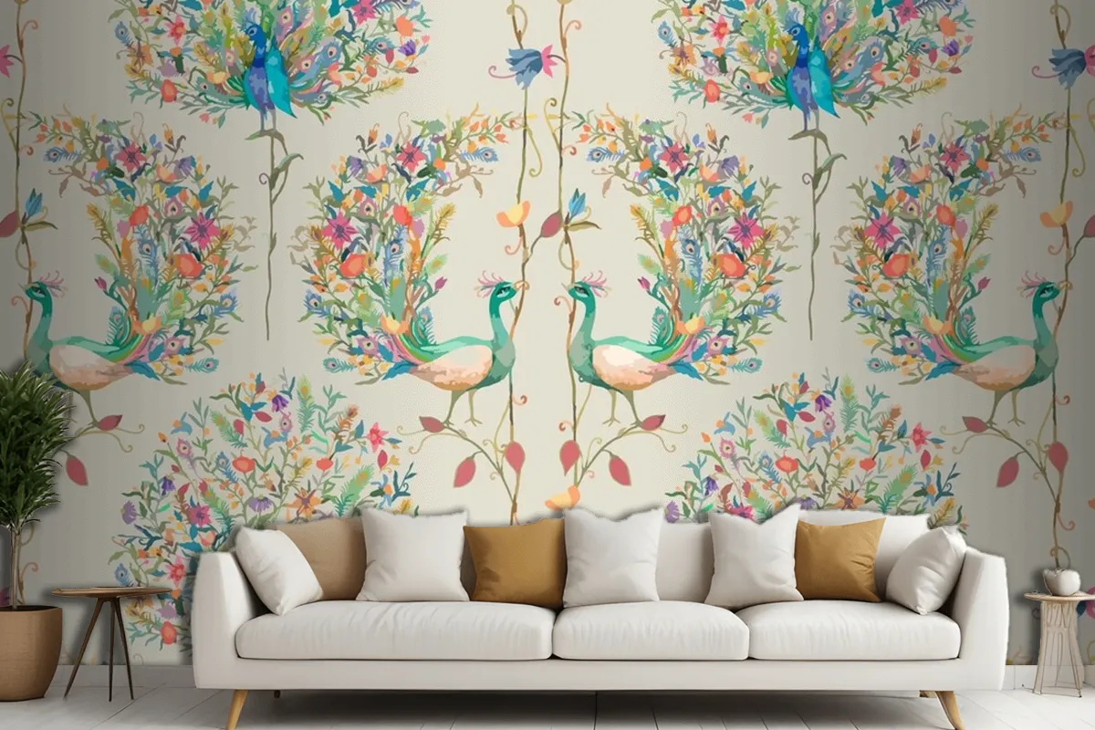 Pattern Background With Watercolor Peacock And Flower Living Room Wallpaper Mural