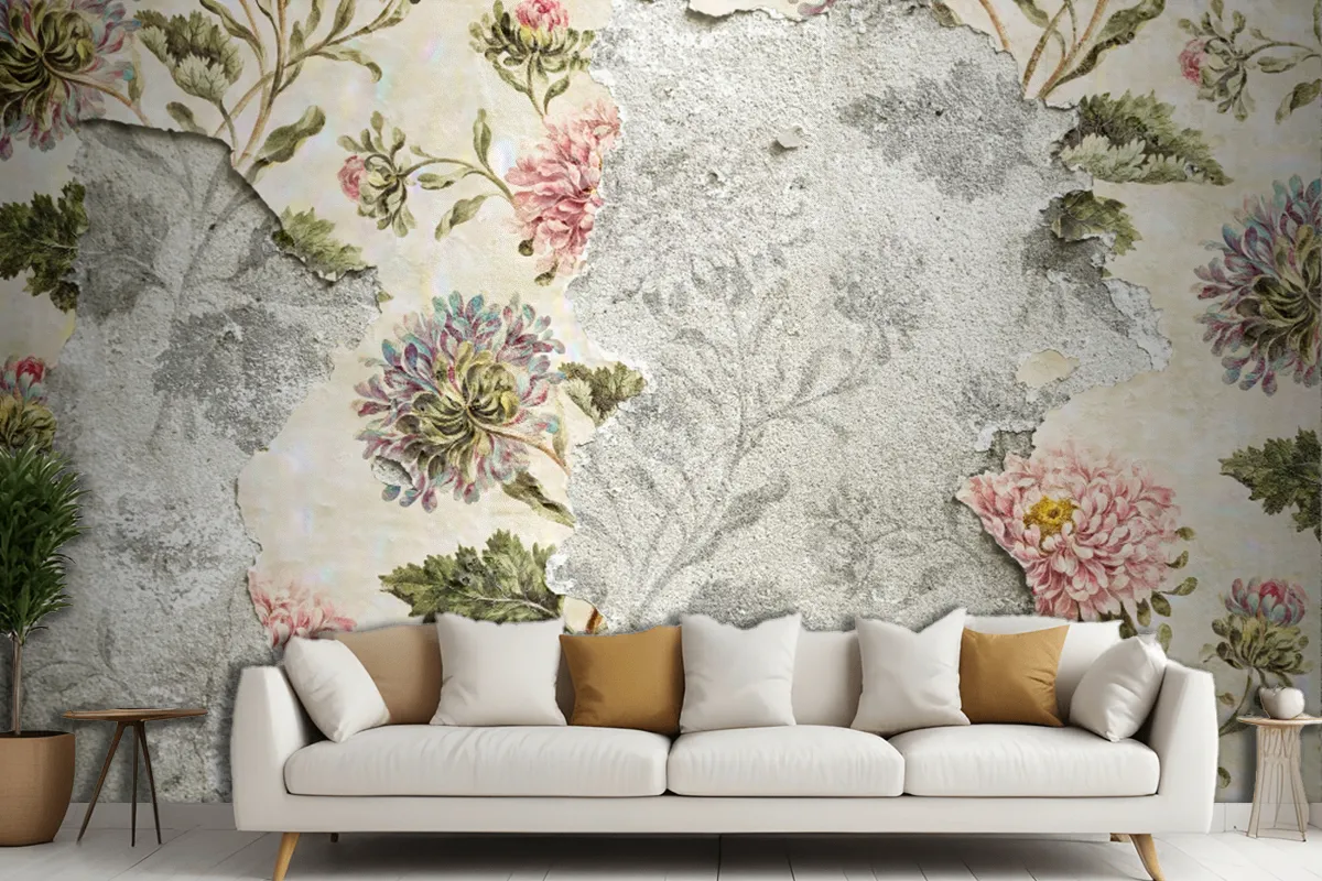 Peeling Floral Wallpaper On Concrete Wallpaper Mural