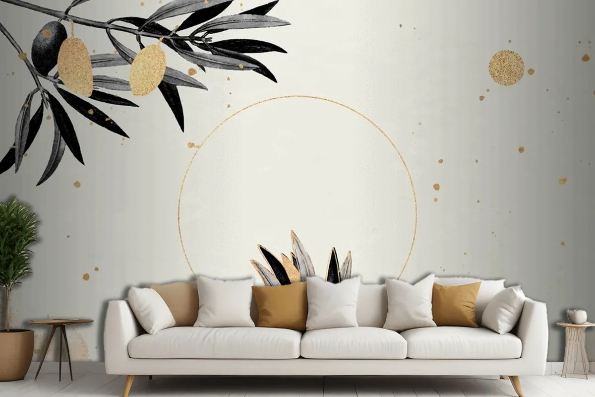 Round Gold Frame With Olive Branches Living Room Wallpaper Mural