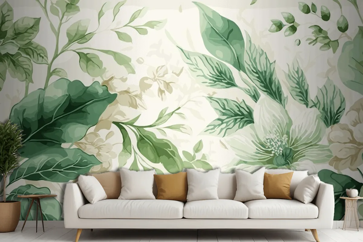 Seamless Watercolor Green And Beige Floral Pattern Living Room Wallpaper Mural