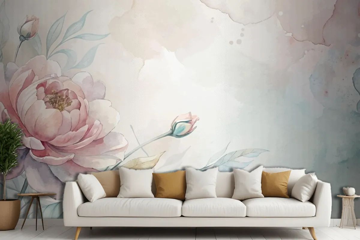 Soft Pastel Floral Watercolor Living Room Wallpaper Mural