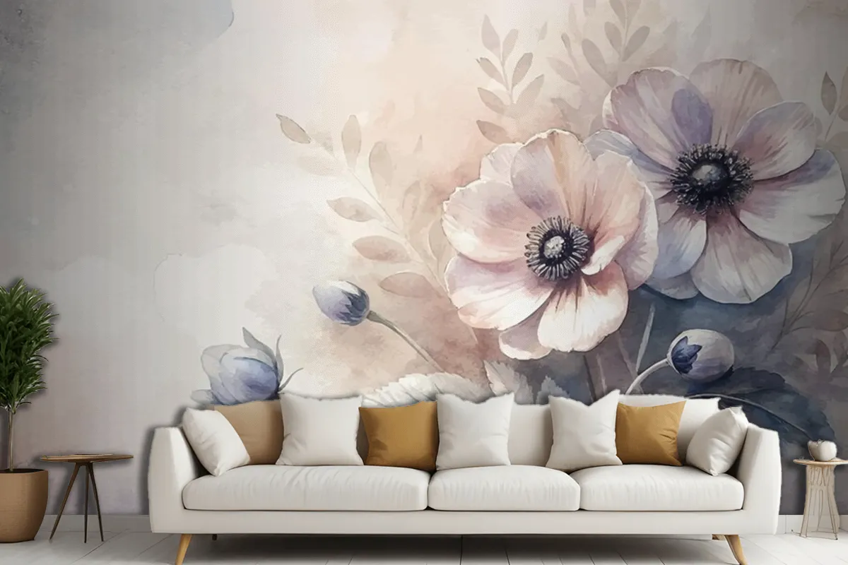 Vintage Anemones Flower Watercolor Background Living Room Wallpaper Mural