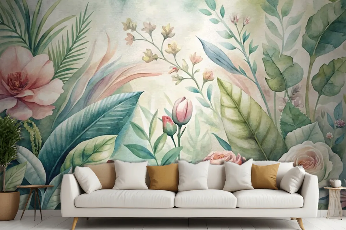 Watercolor Backgrounds Of Various Botanicals And Flowers Living Room Wallpaper Mural