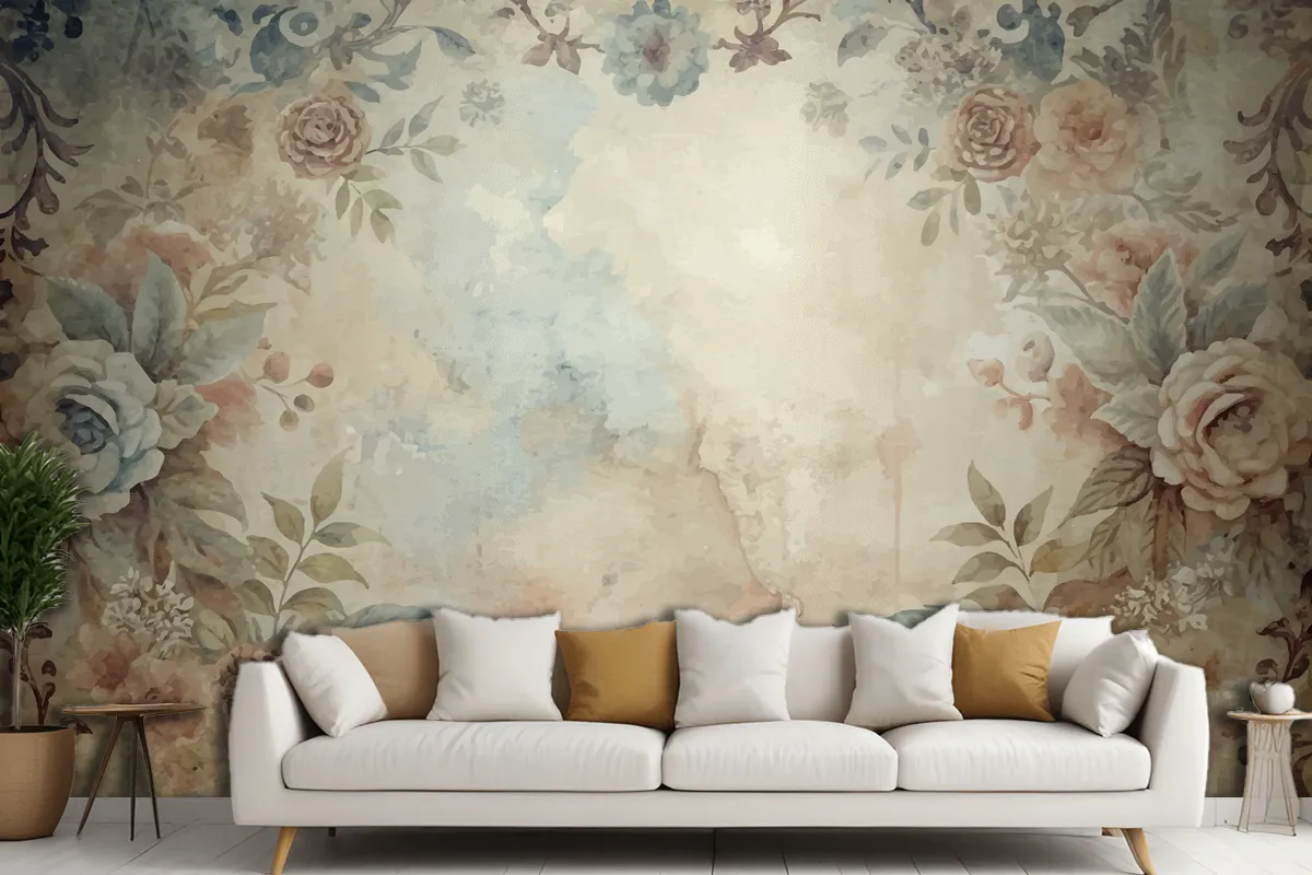 Watercolor Frame Background Of Flowers Wallpaper Mural