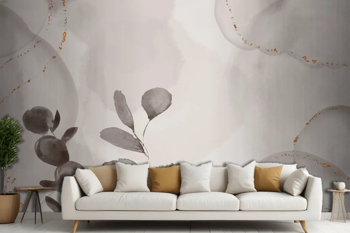 Watercolor Hand Drawn Background With Leaves Living Room Wallpaper Mural