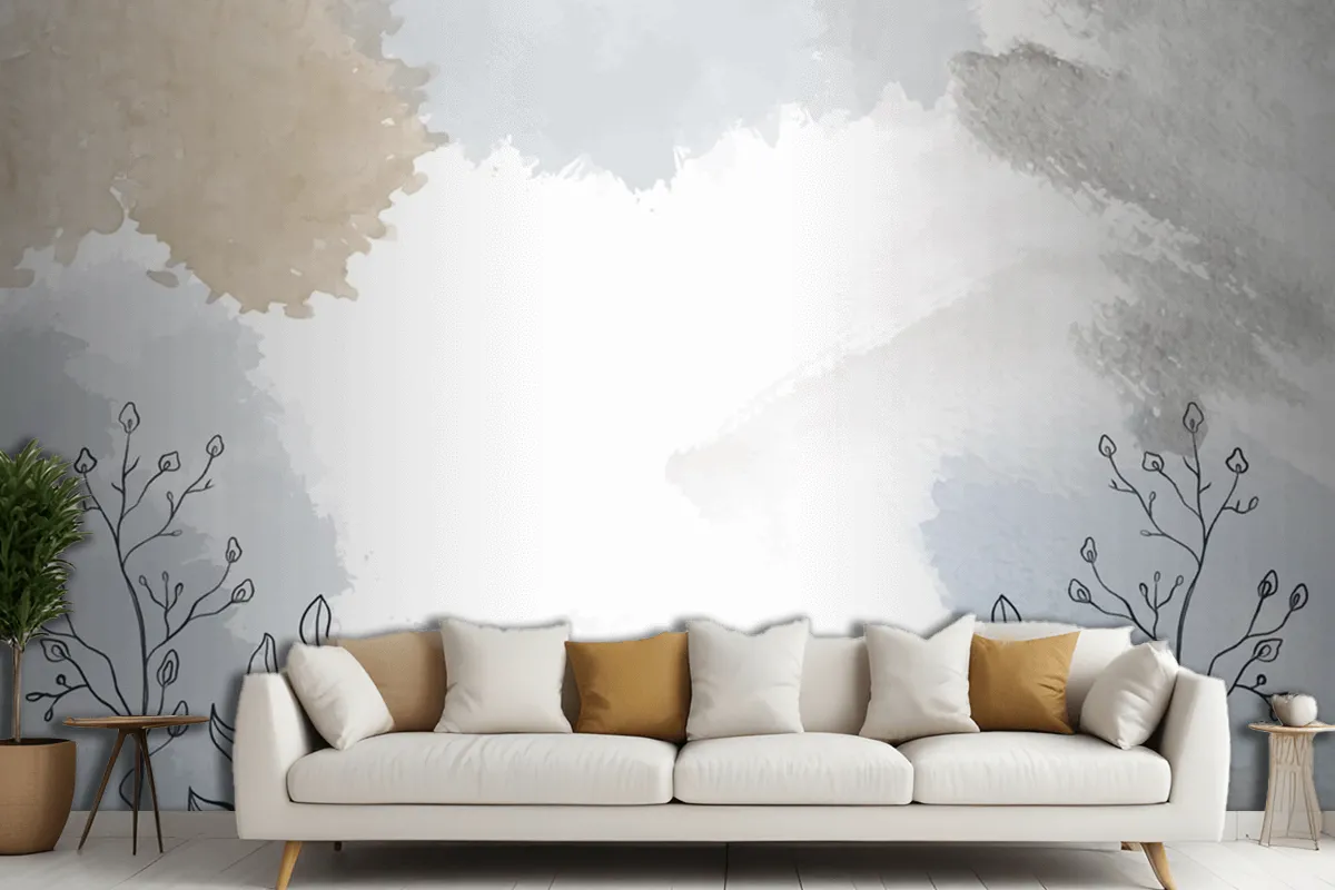 Watercolor Hand Drawn Background With Plants Living Room Wallpaper Mural