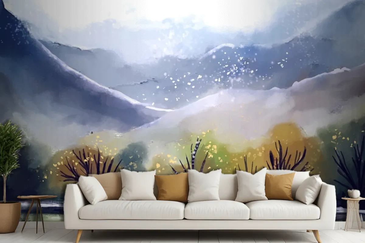 Watercolor Mountain Landscape Living Room Wallpaper Mural