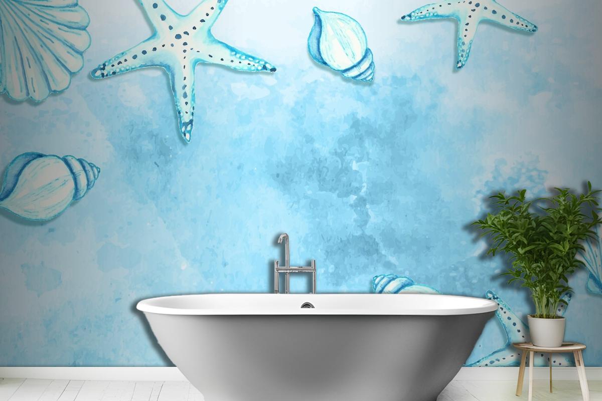 Watercolor Summer Background With Starfish And Shells Wallpaper Mural